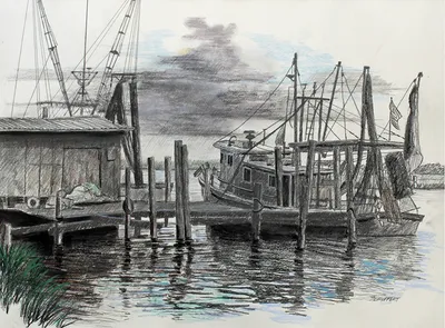Shrimp Boat, Charleston, SC, graphite and pastel