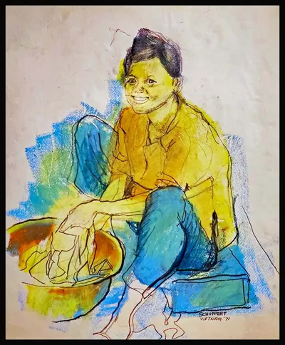 Washer Woman, oil pastel &amp; graphite, Vietnam